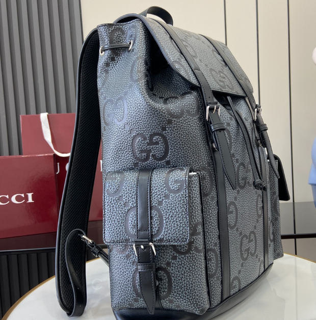 Gucci GG Black Monogram Backpack – Double G Logo & Leather Trim