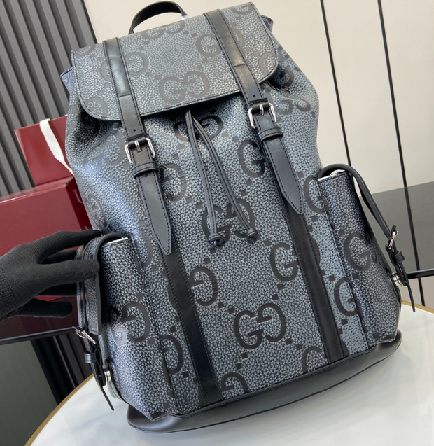 Gucci GG Black Monogram Backpack – Double G Logo & Leather Trim