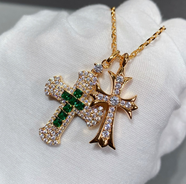 Iced Gold Cross Pendant Set – Green Gemstone & Diamond Detail