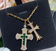 Iced Gold Cross Pendant Set – Green Gemstone & Diamond Detail