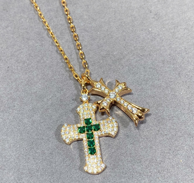 Iced Gold Cross Pendant Set – Green Gemstone & Diamond Detail