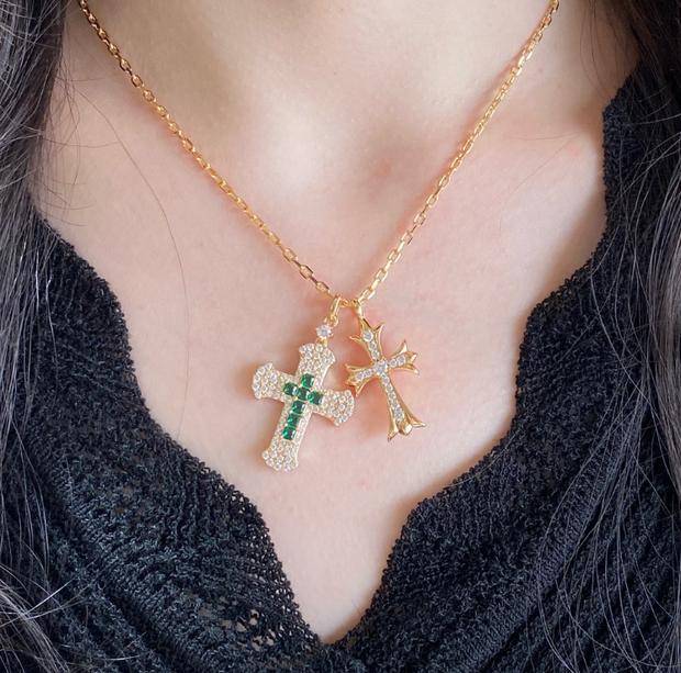 Iced Gold Cross Pendant Set – Green Gemstone & Diamond Detail