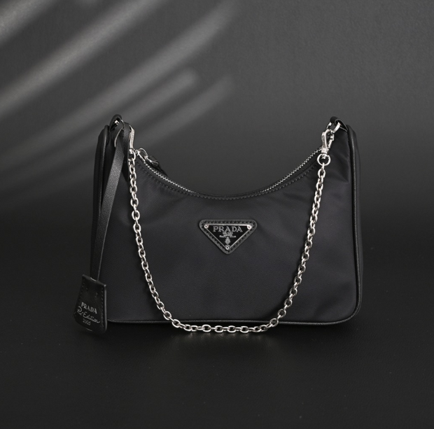 Prada Re-Edition 2005 Nylon Shoulder Bag – Black with Silver Chain