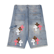 Distressed Cross Patch Denim Shorts
