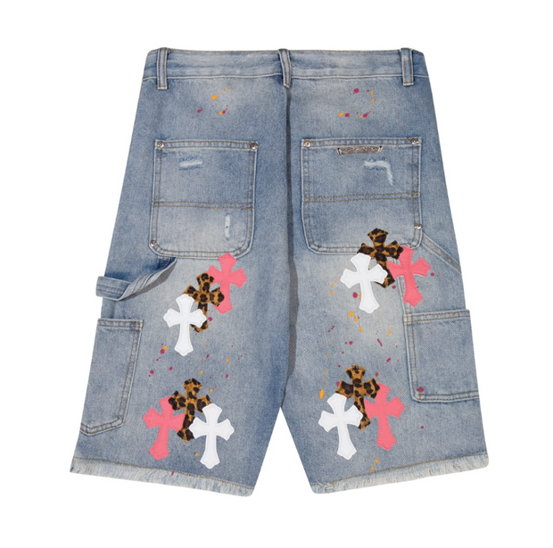 Distressed Cross Patch Denim Shorts