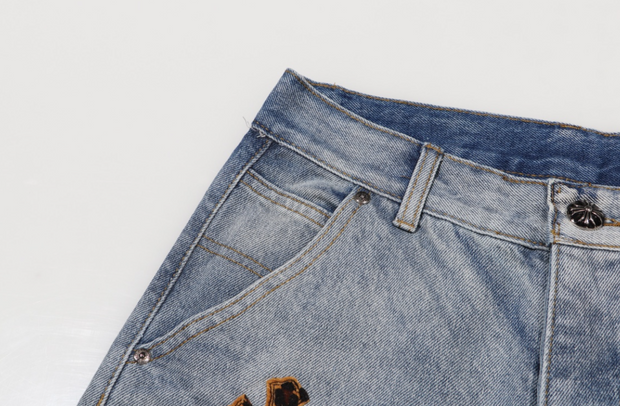 Distressed Cross Patch Denim Shorts