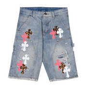 Distressed Cross Patch Denim Shorts