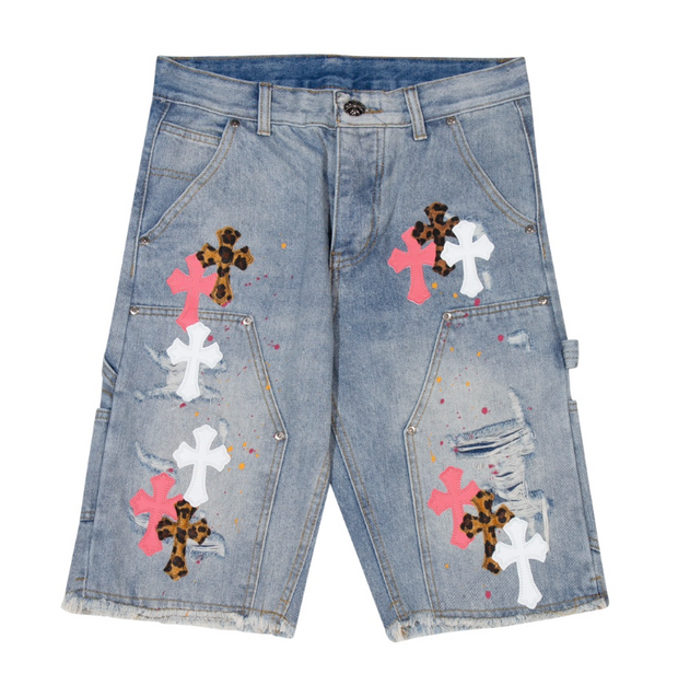 Distressed Cross Patch Denim Shorts