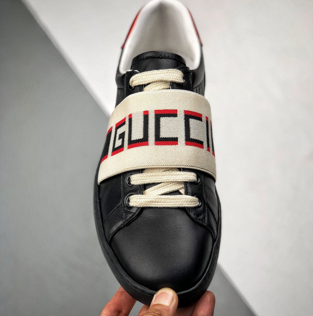 Gucci Ace Leather Sneakers with Web Elastic Band – Black