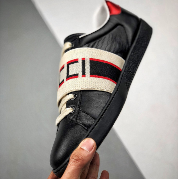 Gucci Ace Leather Sneakers with Web Elastic Band – Black